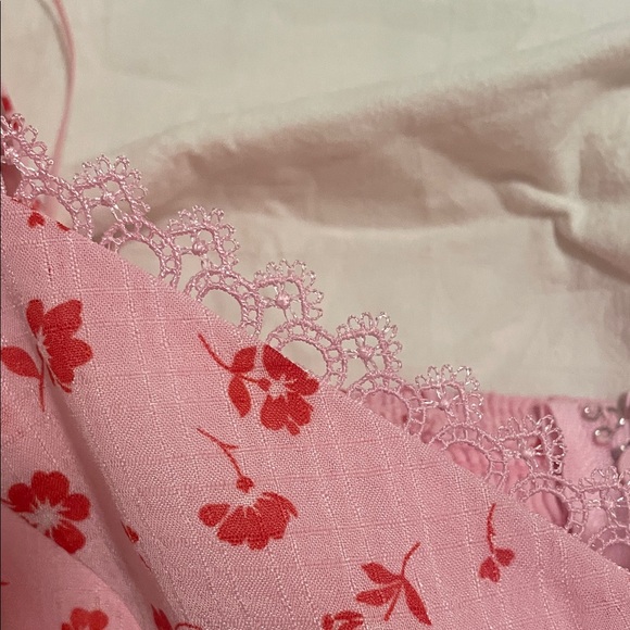 Francesca's Pink Red Floral Mini Puff Sleeve Feminine Romantic Summer Dress - Picture 7 of 9